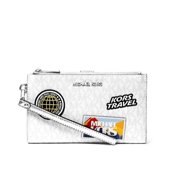 New Michael Kors Jet Set Travel Large Embellished Logo Wristlet Optic White - Picture 3 of 3